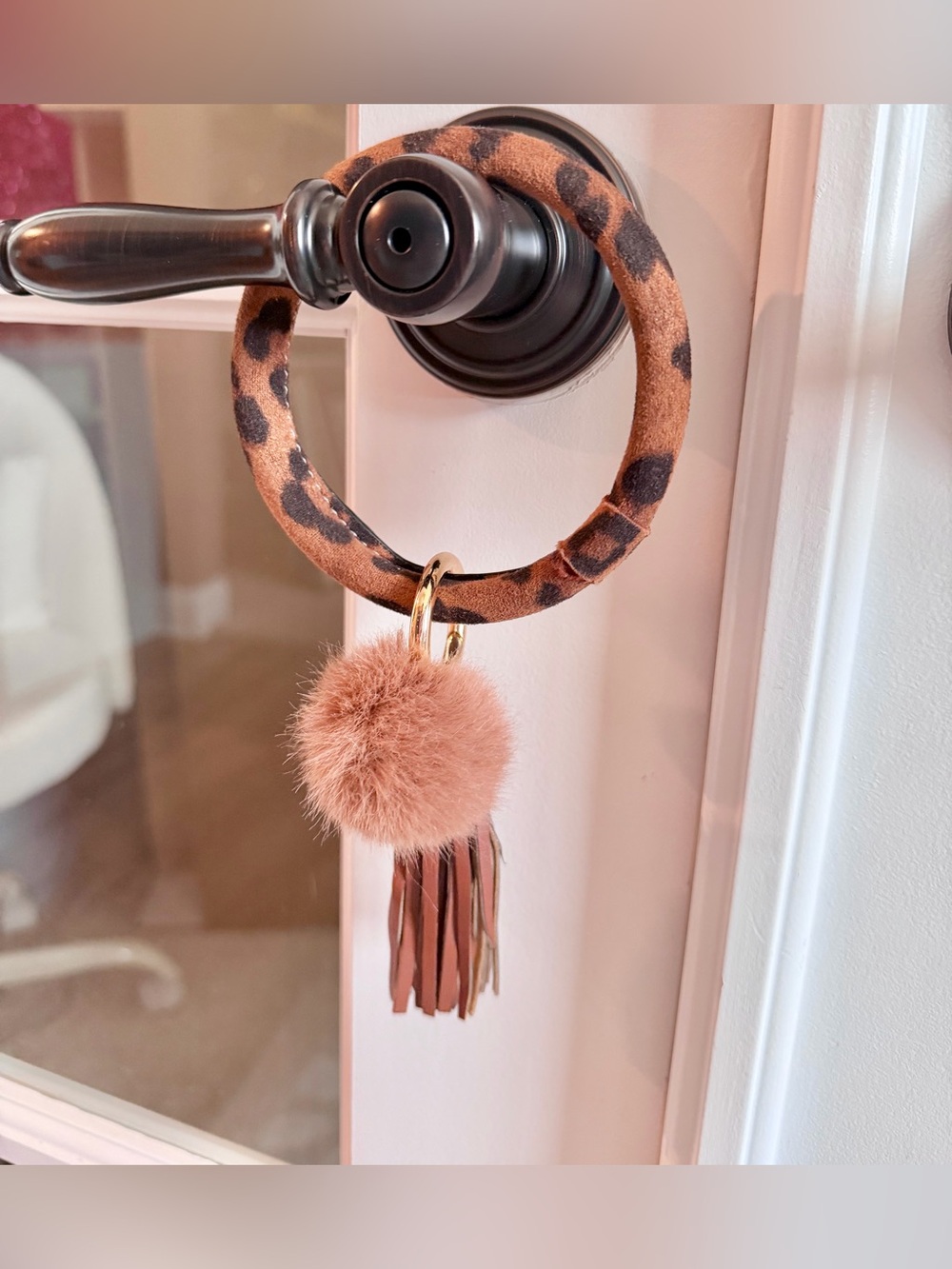 Leopard Print Keychain w/ Pom Pom Charm Faux Leather Fringe Tassel